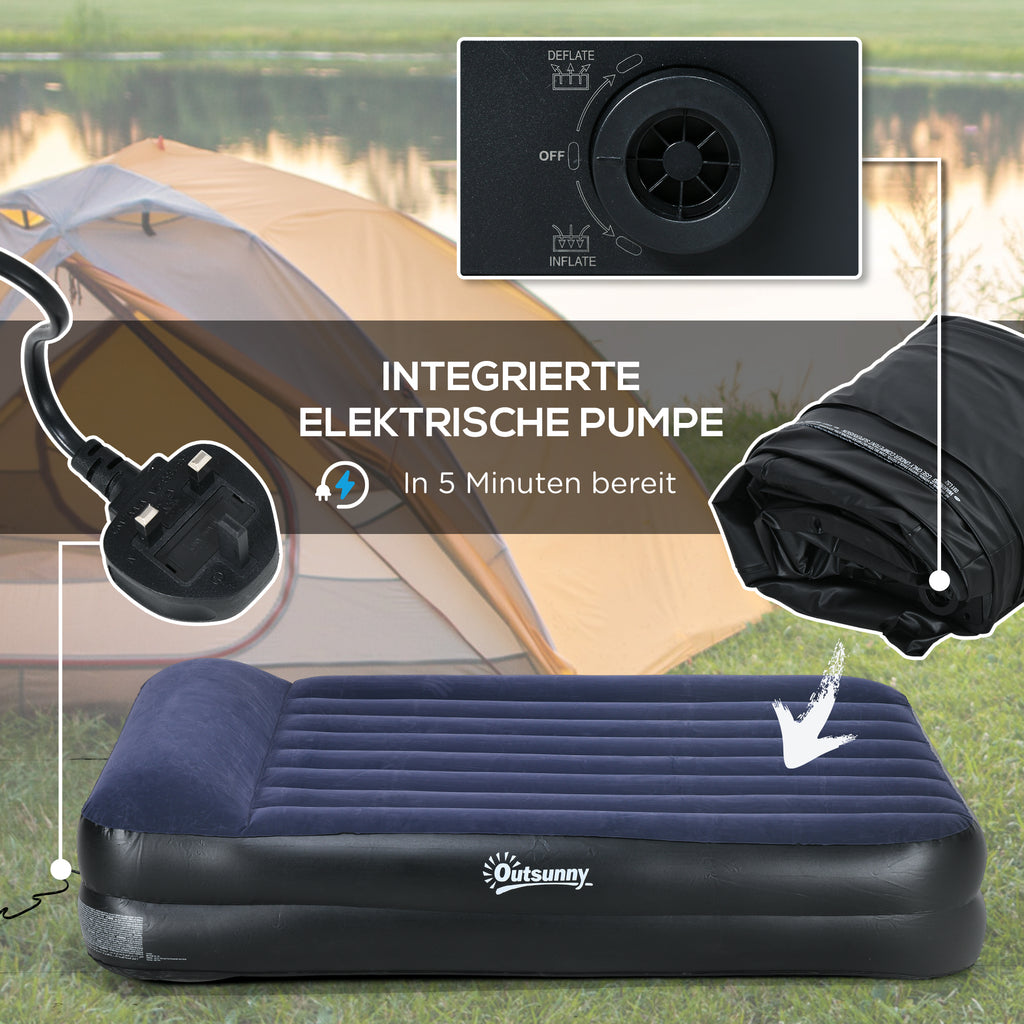 Outsunny Campingmatratze für 2 Personen, aufblasbar, eingebaute Pumpe, Tragetasche, 203 x 152 x 46 cm, Dunkelblau/Schwarz