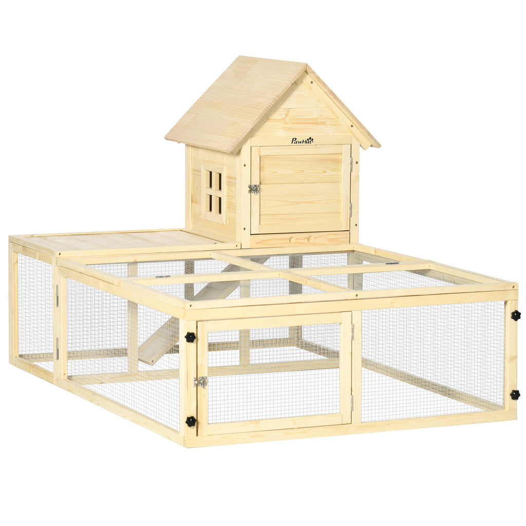 PawHut Kaninchenstall Villa aus Holz mit Laufstrecke, Rampe und verschließbaren Türen