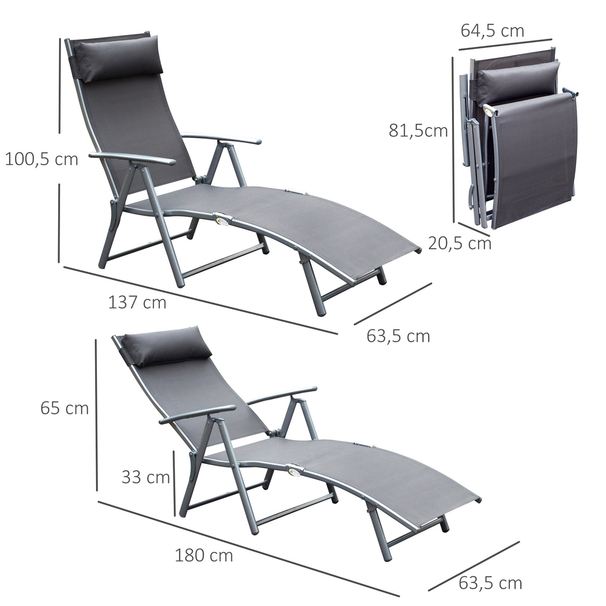 Outsunny Sonnenliege klappbar Strandliege mit Kissen Liegestuhl mit 7-Fach verstellbare Rückenlehne Gartenliege Relaxliege Gartenstuhl bis 165 kg belastbar, für Garten Urlaub Outdoor Strand Pool, Grau