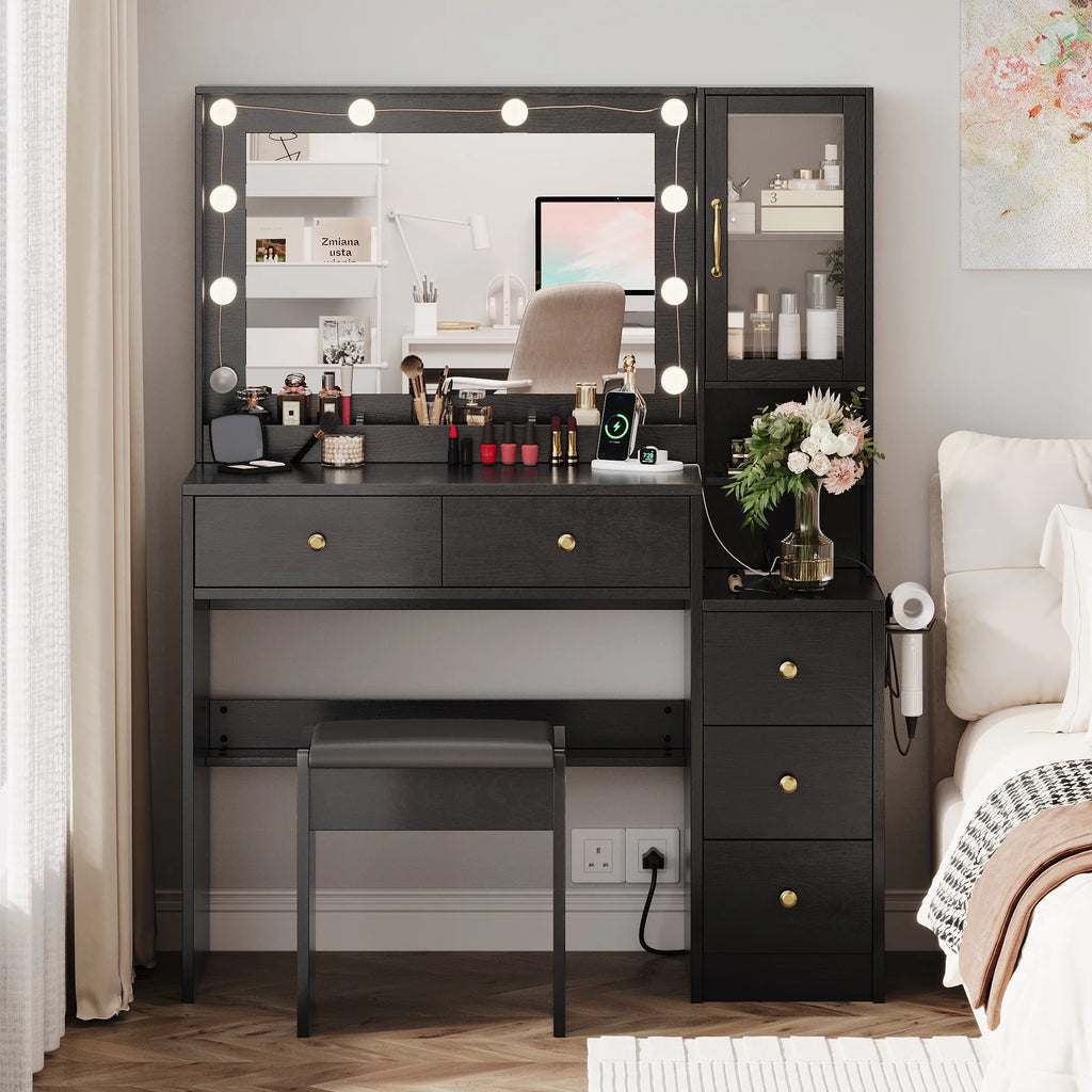 UGTOO 58.3" White Vanity Desk with Mirror, Adjustable Lighting, Power Outlet, Drawers, with Stool