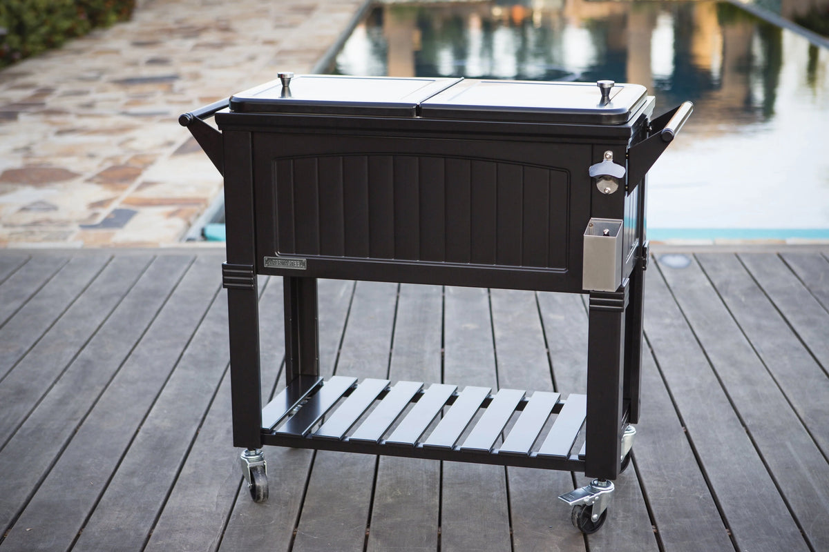 Permasteel 80 - Qt Antique Outdoor Steel Patio Cooler on Wheels, Rolling Cooler Cart, Wooden Teak Style, Black