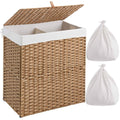 Greenstell Laundry Hamper with Lid, No Install Needed, 110L Wicker Laundry Baskets Foldable 2 Removable Liner Bags, 2 Section Clothes Hamper Handwoven
