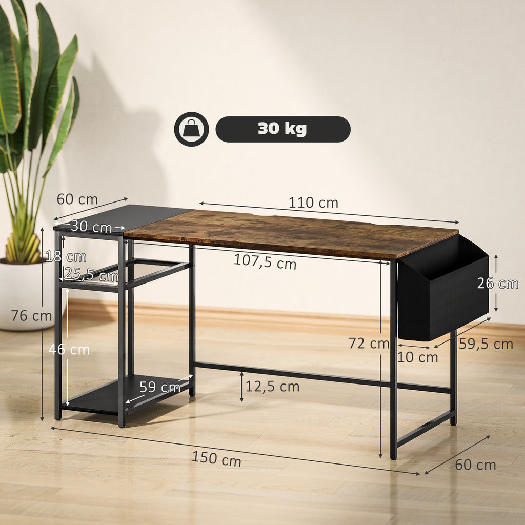 HOMCOM Computertisch 150 x 60 cm mit umkehrbaren Regalen und Stofftasche, für kleine Räume, Braun