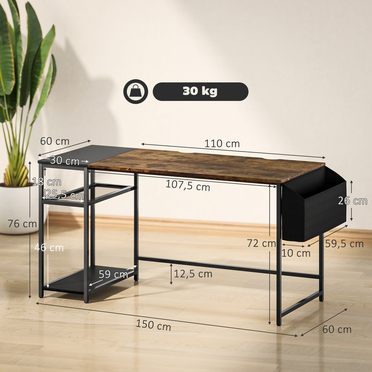 HOMCOM Computertisch 150 x 60 cm mit umkehrbaren Regalen und Stofftasche, für kleine Räume, Braun