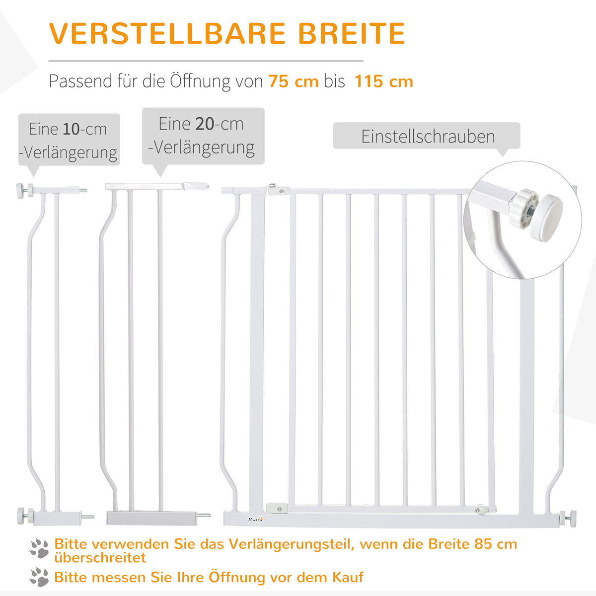 PawHut Hunde-Absperrgitter, Klemmmontage, verstellbare Länge, Stahl/ABS, 75-115 x 76cm, Weiß