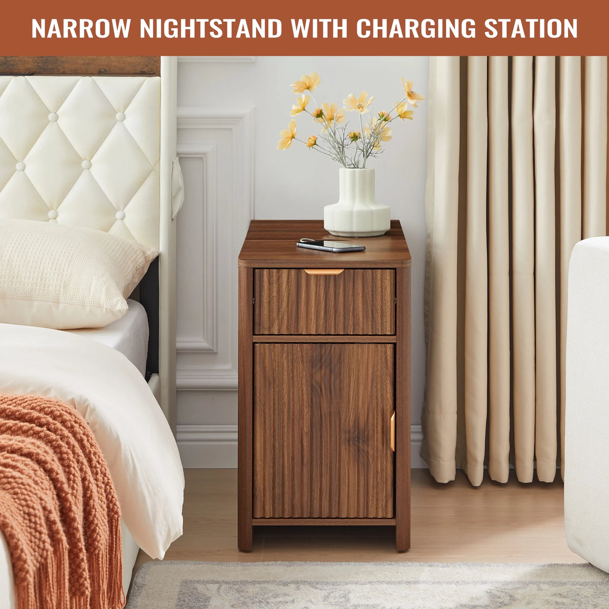 YOCWO Fluted Nightstand for Bedroom Set of 2, Wood Bedside Table Set of 2 with Drawers, Black