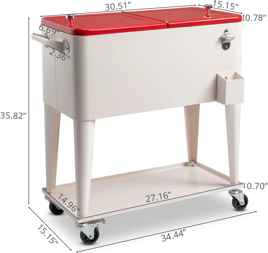 80 Quart Rolling Ice Chest, Portable Bar Drink Cooler with Catch Basin, Bottom Storage Tray and Bottle Opener for Patio Party BBQ Beach Activities