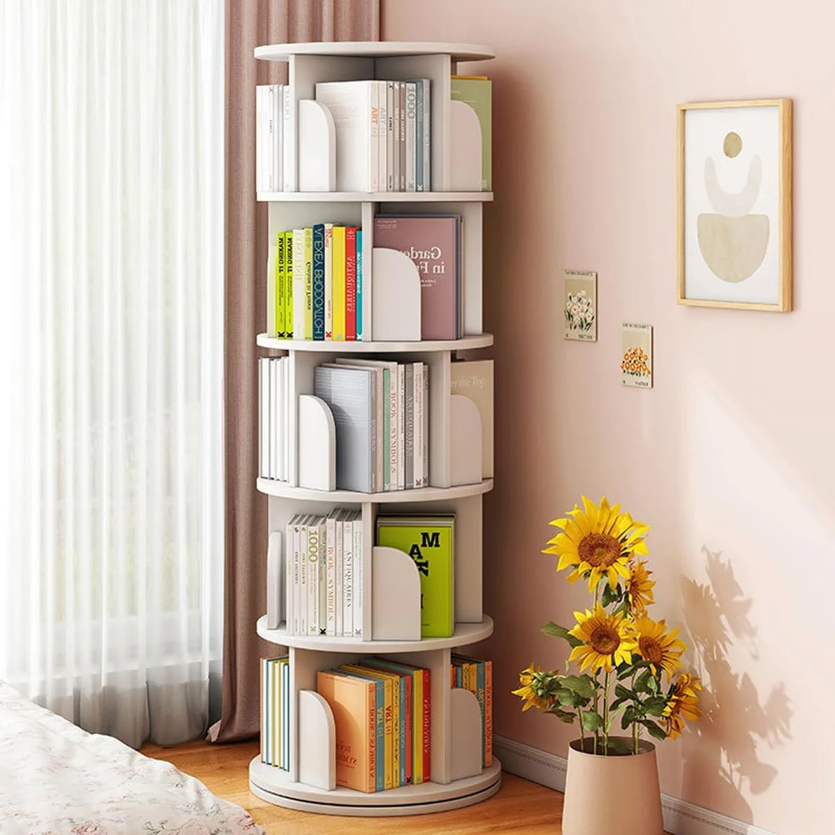 Bimiti 5 Tier Rotating Bookshelf, 360? Revolving Bookcase 20 Shelves Floor - Standing Storage Display Rack - White 63"x18"x18", Adult