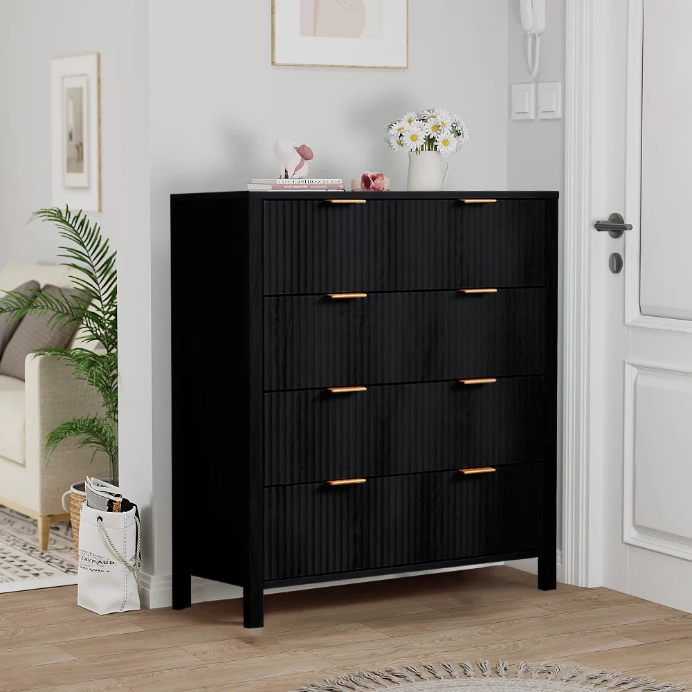 YOCWO Fluted Nightstand for Bedroom Set of 2, Wood Bedside Table Set of 2 with Drawers, Black