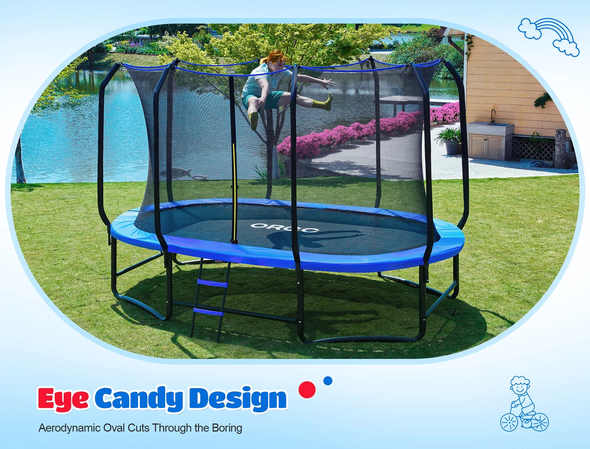 ORCC 1200 lb Capacity Oval 8X13FT Heavy - Duty Yard Trampoline for Kids & Adults with Safety Enclosure, 1.6mm Thickened Steel Frame & Reinforced Legs, Outdoor Gymnastics Trampoline