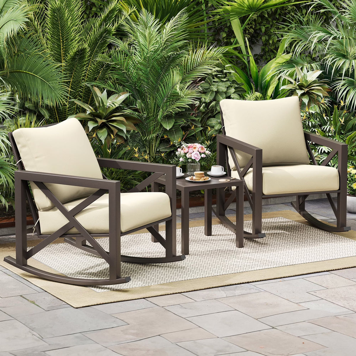 MRUAKA Rocking Chair Bistro Set, 3 Piece Outdoor Patio Furniture Set with 2 Rockers and 1 Metal Coffee Table with Thick Cushions for Porch, Backyard, Poolside, Beige