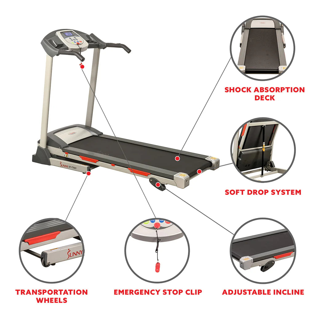 Sunny Health & Fitness Powerful Electric Treadmill for Home, Foldable, Manual Incline, Built - in Programs, Pulse Sensor, SF - T7603