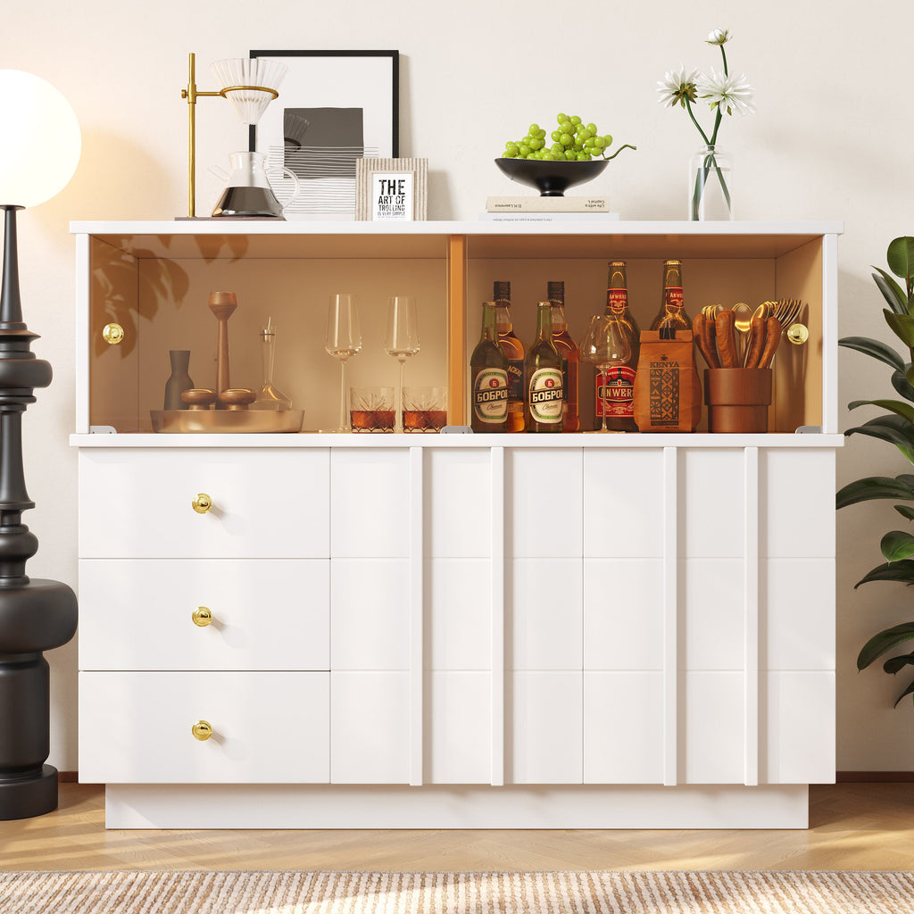 Anrichte Küchenschrank 120x95 cm mit Glastüren, Sideboard mit Regalen für Esszimmer und Wohnzimmer, weisser