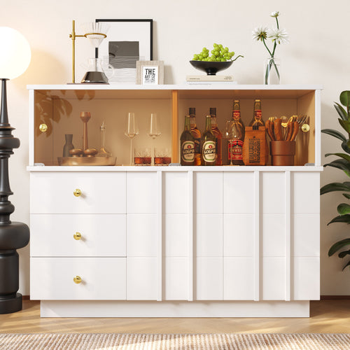 Anrichte Küchenschrank 120x95 cm mit Glastüren, Sideboard mit Regalen für Esszimmer und Wohnzimmer, weisser