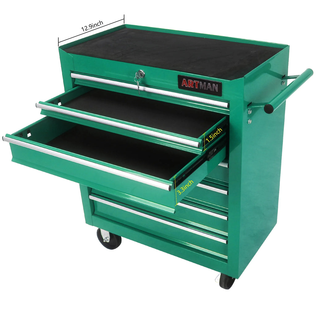 Aukfa Tool Chest, 24.5 in 7 - Drawer Steel Rolling Tool Box on Wheels for Workshop Garage, Red