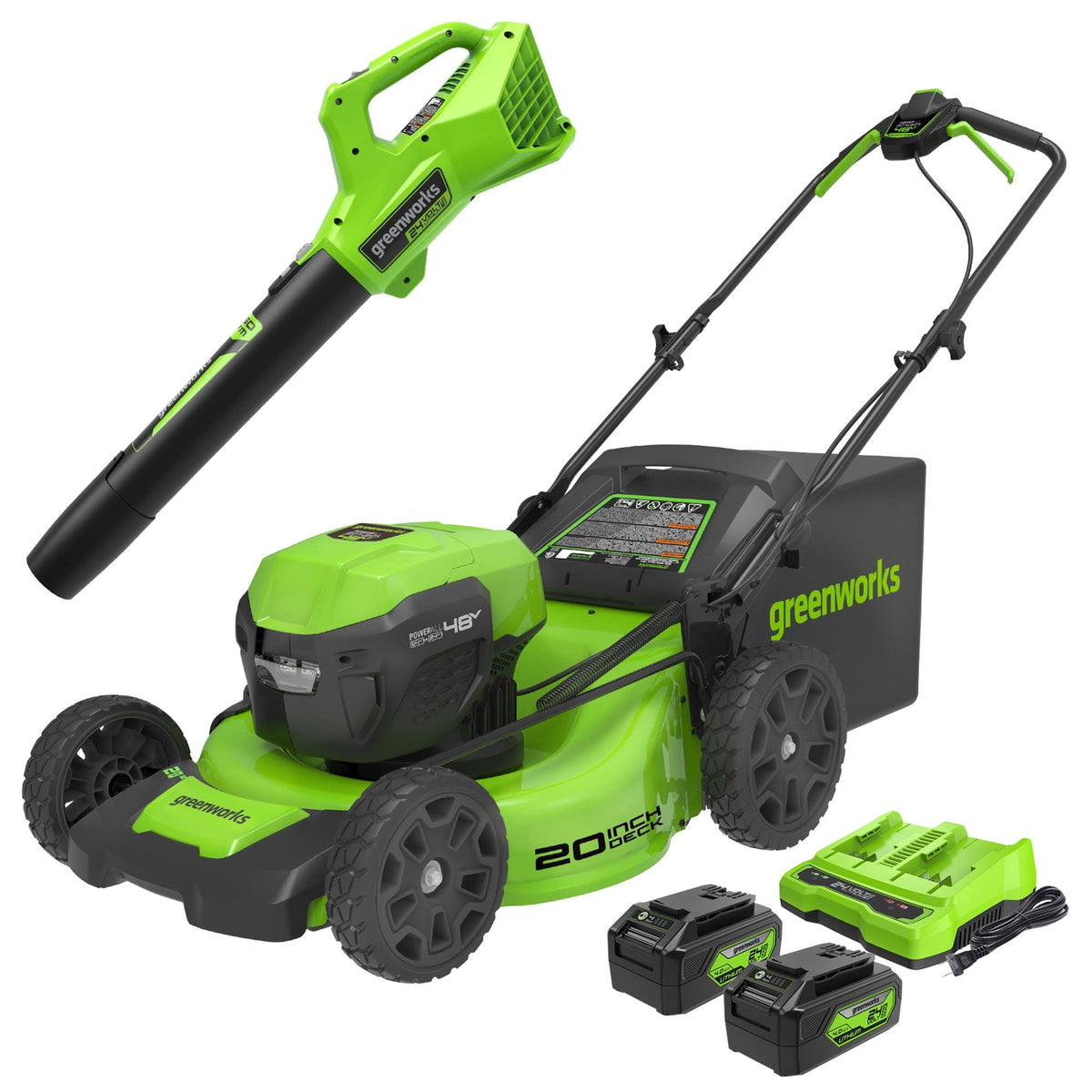 greenworkstools-48V (2x24V) 20" Cordless Battery Push Mower & 320 CFM Blower Combo Kit w/ (2) 4.0Ah Batteries & Dual Port Rapid Charger