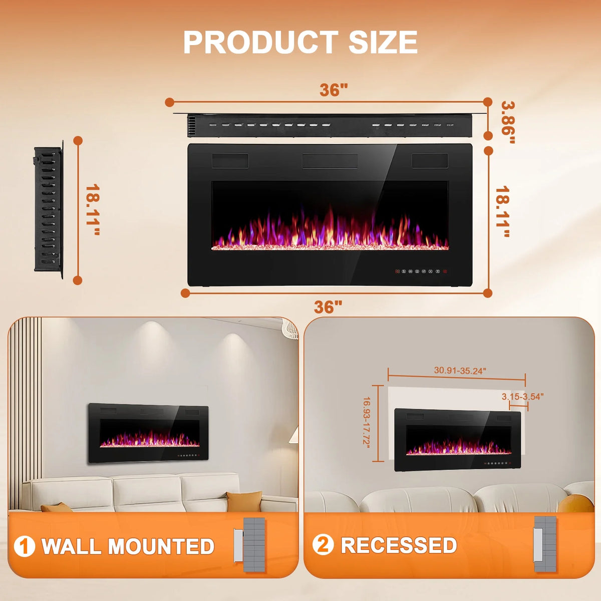KISSAIR 60 Indoor Electric Fireplace Ultra Thin Fireplace, Wall Mounted Recessed Fireplace with Multiple Colors