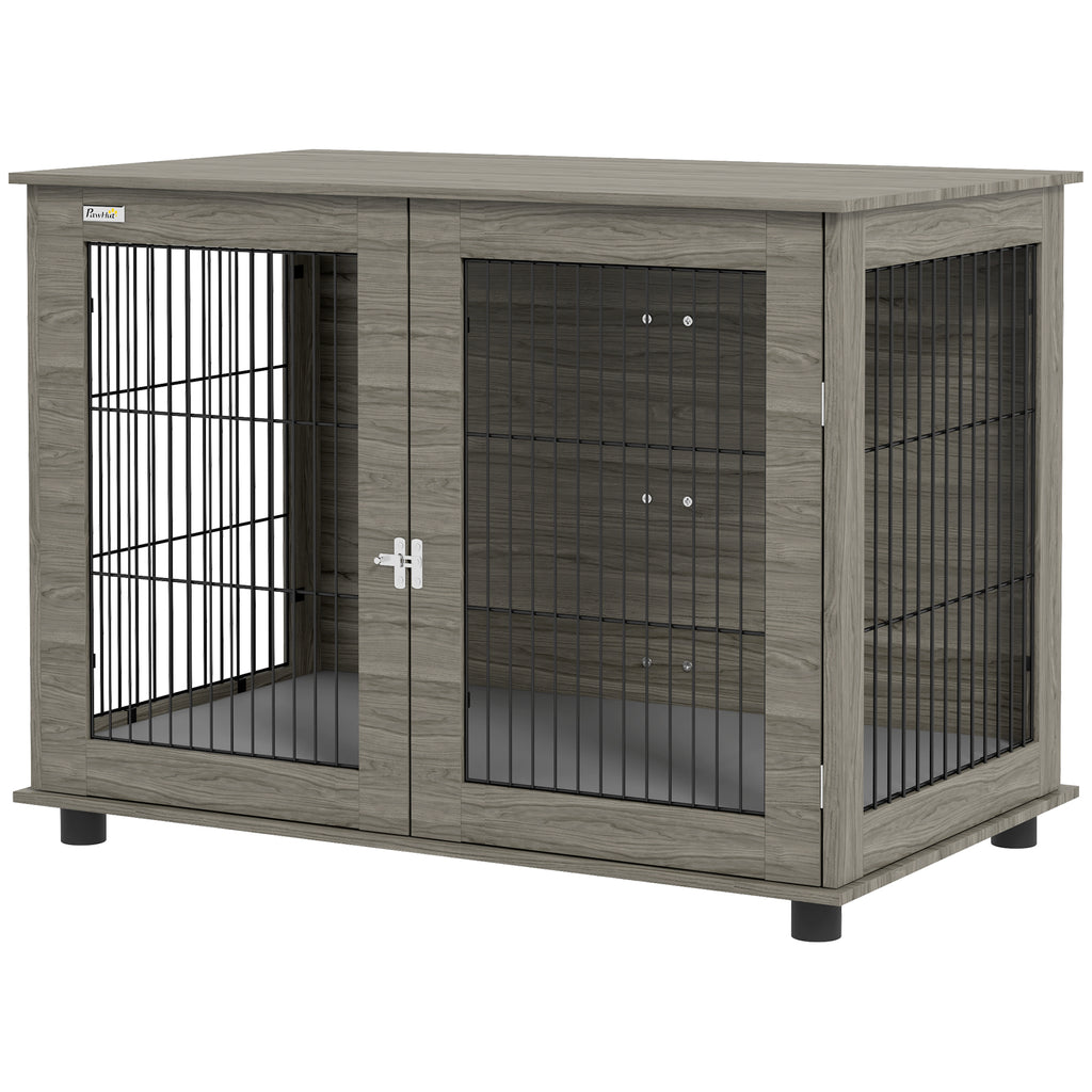 PawHut Hundekäfig 2-in-1 Beistelltisch mit abnehmbarem Plüschkissen, verriegelbarer Tür 100 x 60 x 73,5 cm in Grau