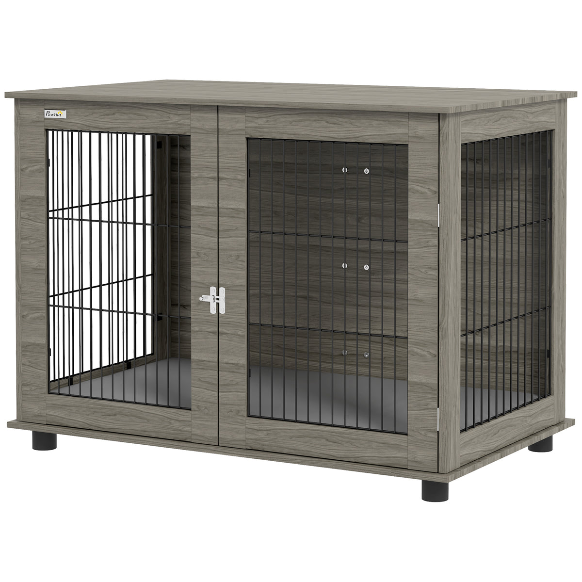 PawHut Hundekäfig 2-in-1 Beistelltisch mit abnehmbarem Plüschkissen, verriegelbarer Tür 100 x 60 x 73,5 cm in Grau