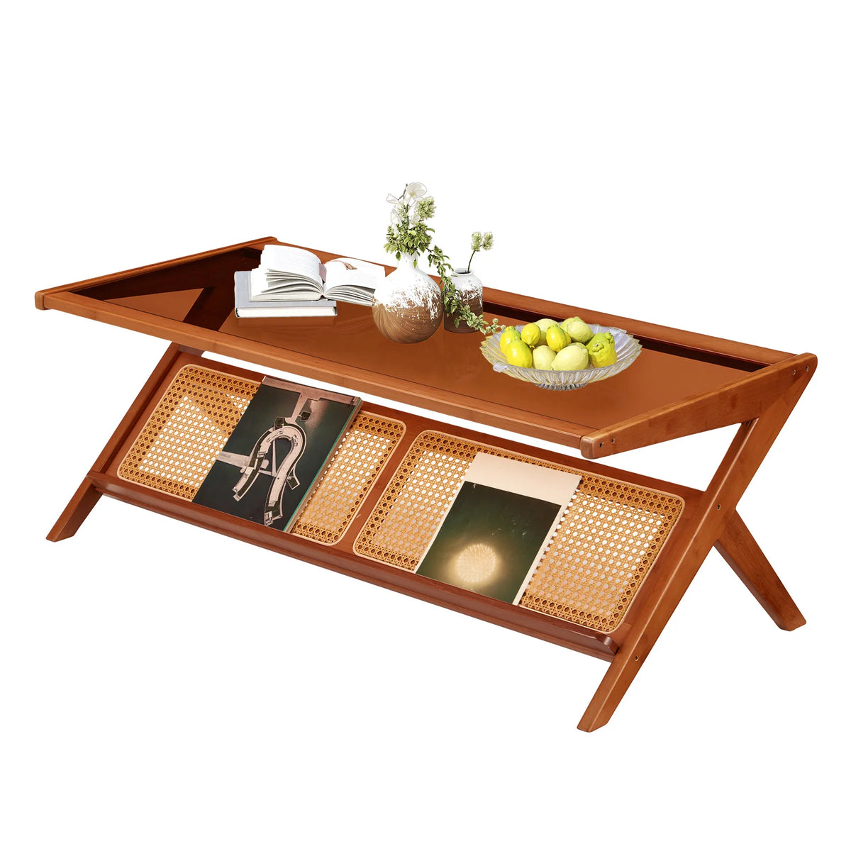 AECOJOY 47" Mid-Century Modern Coffee Table with Glass Top, Bamboo Accent Bedside Tables