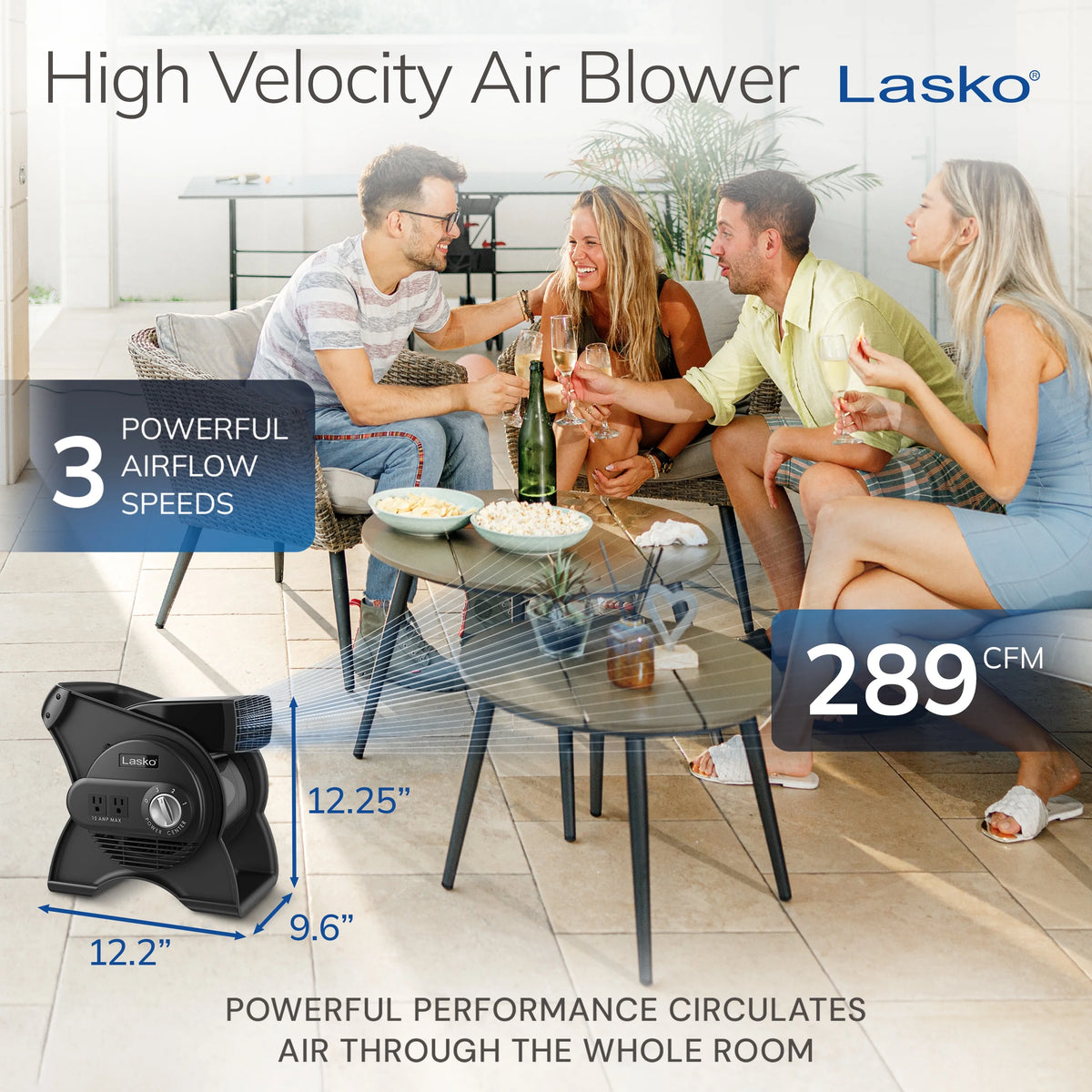 Lasko Pivoting Pro 12" 3 - Speed Rotating Head Free Standing Blower Fan, 289 CFM, Black, U12104