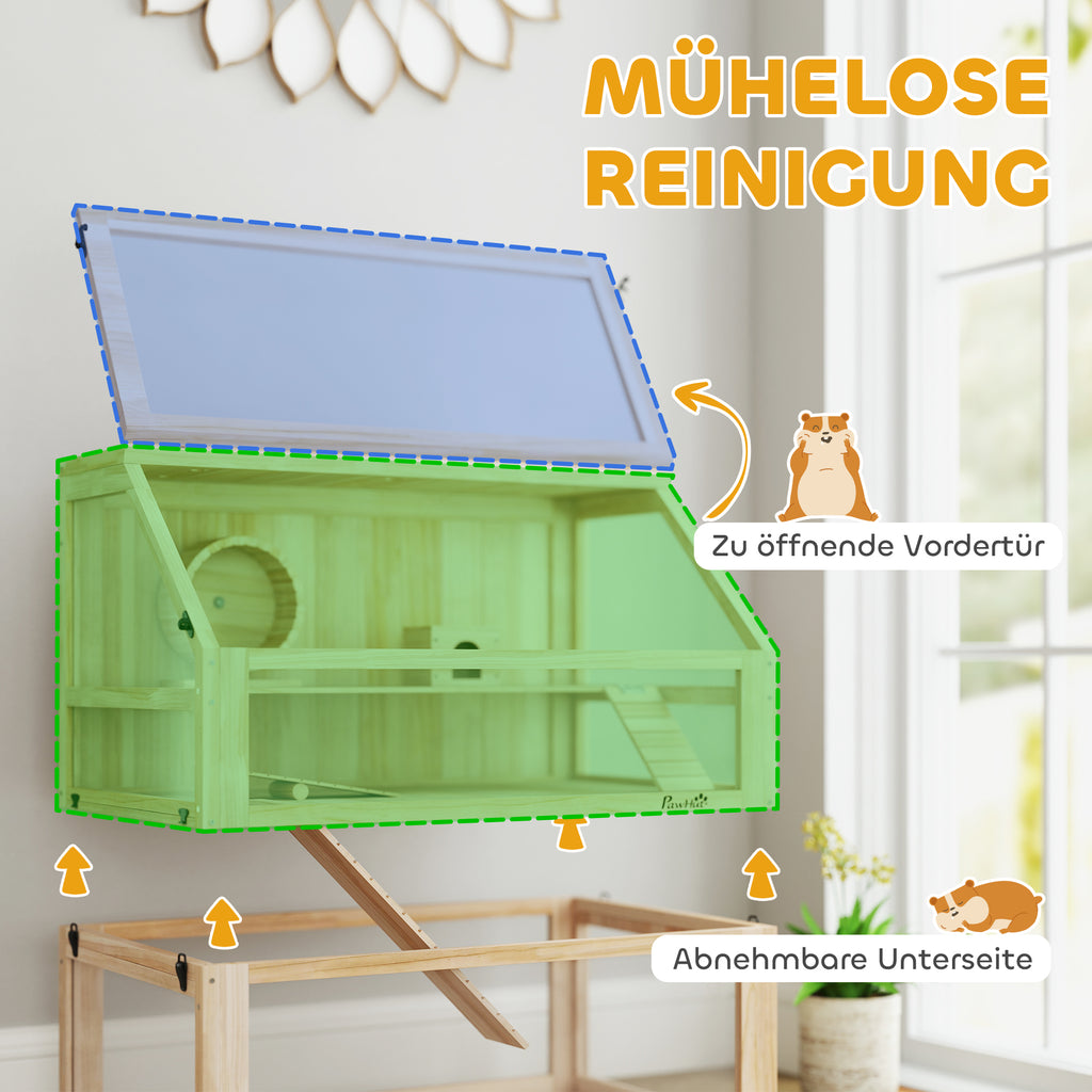 PawHut Hamsterkäfig aus Holz 3 Etagen Nagarium Nagerkäfig mit klappbarem Deckel Laufrad 80 x 50 x 76 cm Naturholz