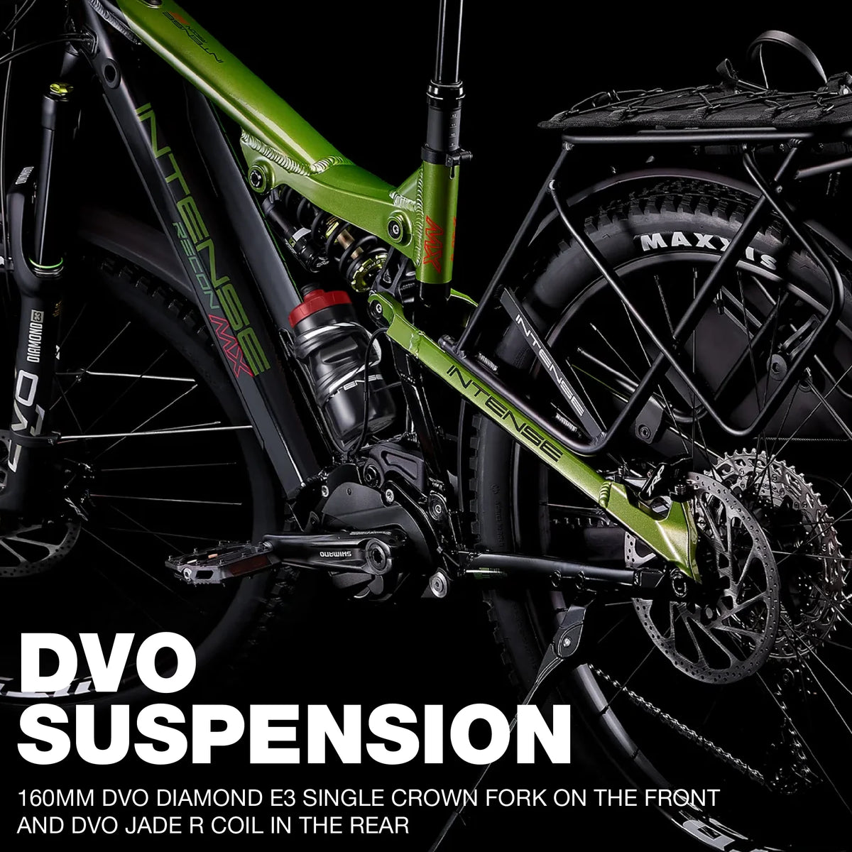 INTENSE RECON MX Adventure Adult S/M Electric Mountain Bike with Shimano Steps E7000 Motor, 11 - Speed Gears, 27.5" Wheels, DVO Suspension, 504 Wh Integrated Battery, Custom Rack and Bag Set Included