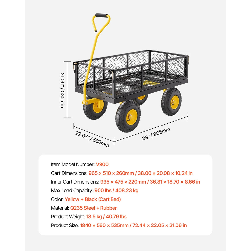 KFFKFF Mesh Steel Garden Cart 900 lb, 38 x 22 " Heavy Duty Utility Wagon Cart, Metal Garden Trolley with 10" Wheels, Removable Mesh Sides, 180swiveling Handle (Green)