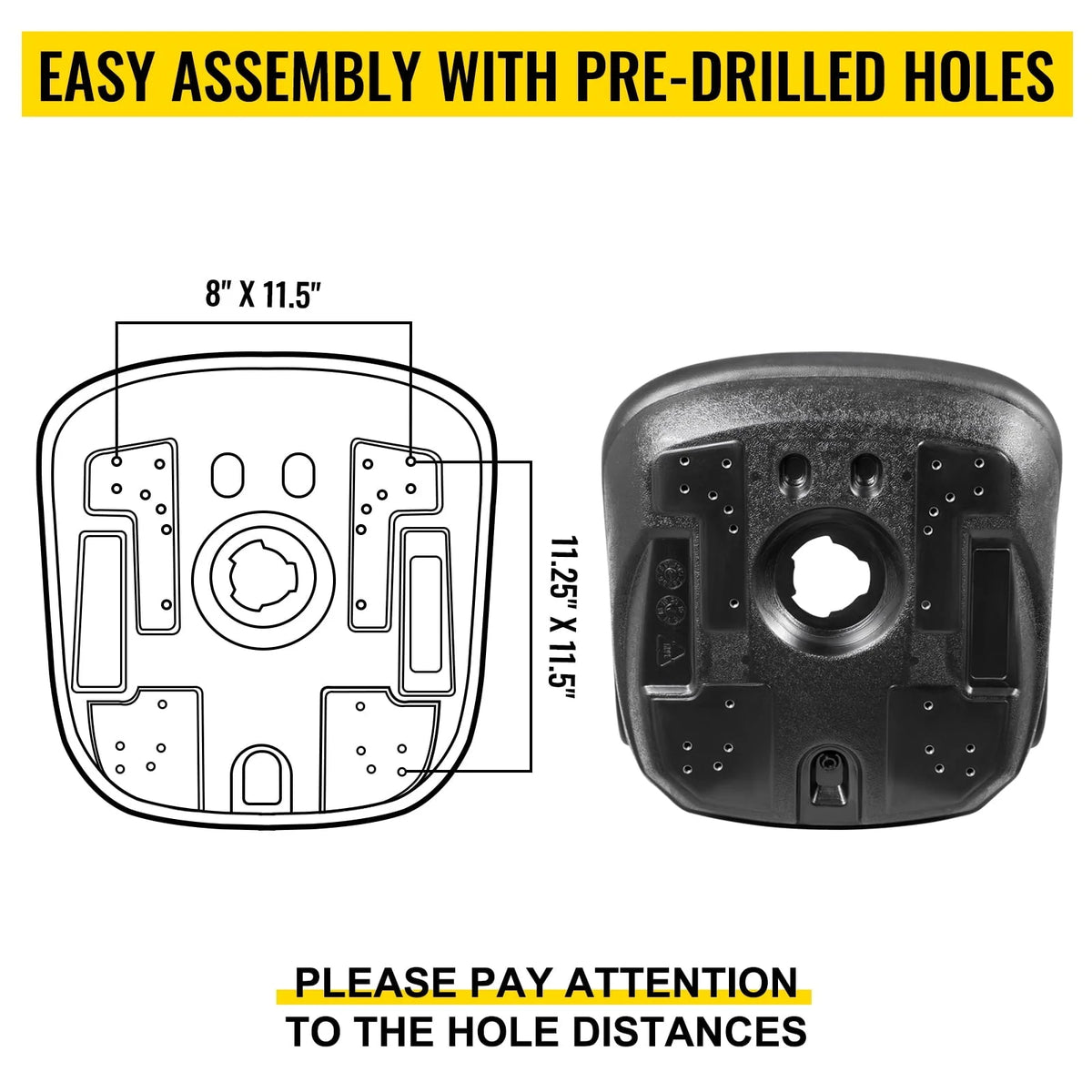 VEVOR 2pcs Universal Tractor Seat Replacement, Compact High Back Mower Seat Pair, Black Vinyl Forklift Seat, Central Drain Hole Skid Steer Seat with Mounting Bolt Patterns of 8" x 11.5" & 11.25" x 11.5"
