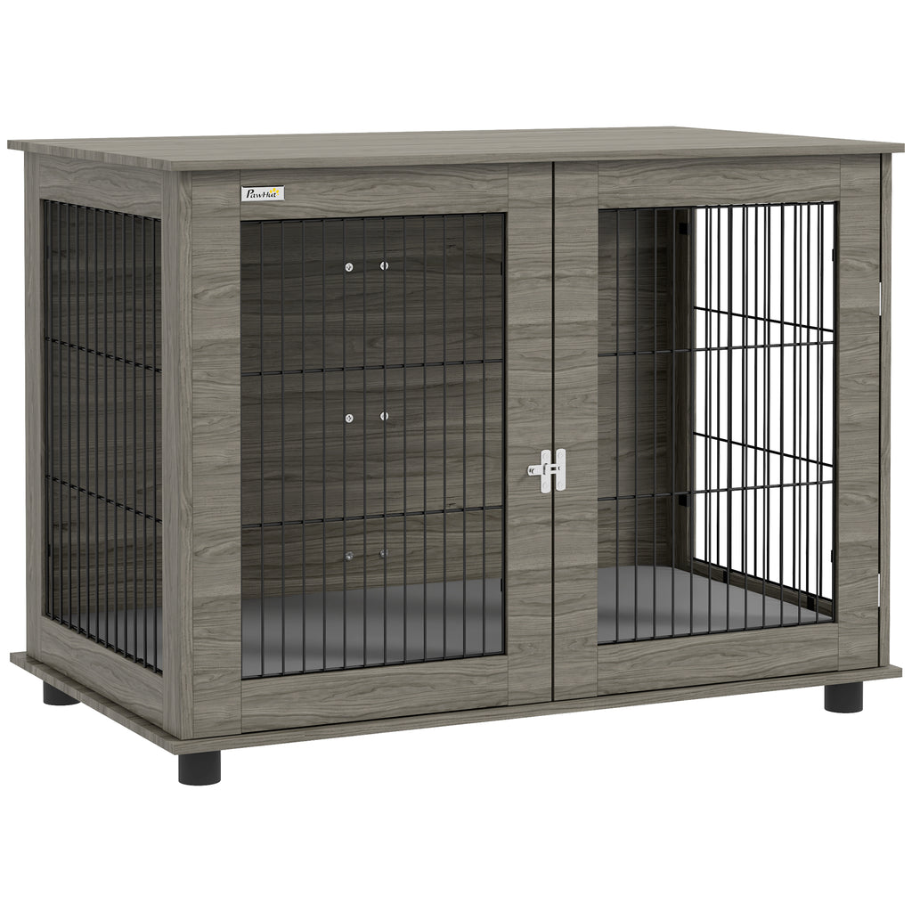 PawHut Hundekäfig 2-in-1 Beistelltisch mit abnehmbarem Plüschkissen, verriegelbarer Tür 100 x 60 x 73,5 cm in Grau
