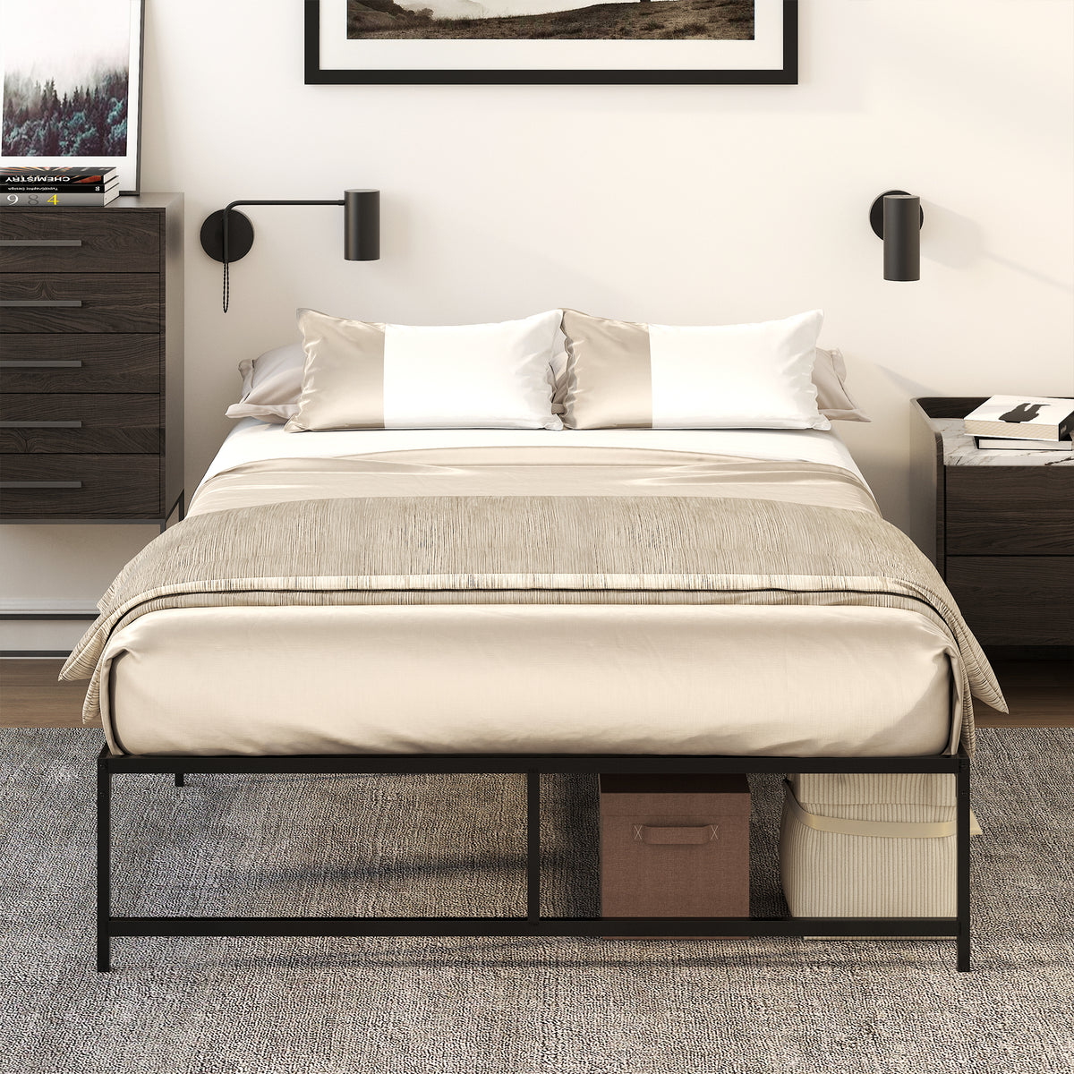 HOMCOM Bettgestell Doppelbett 140 x 190 cm, Doppelbett für 2 Personen aus Stahl, Höhe 31 cm mit Stauraum, Lattenrost, schwarz