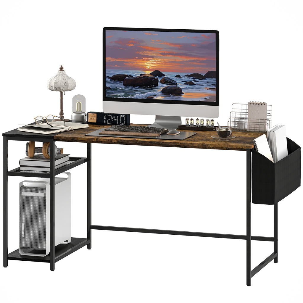 HOMCOM Computertisch 150 x 60 cm mit umkehrbaren Regalen und Stofftasche, für kleine Räume, Braun