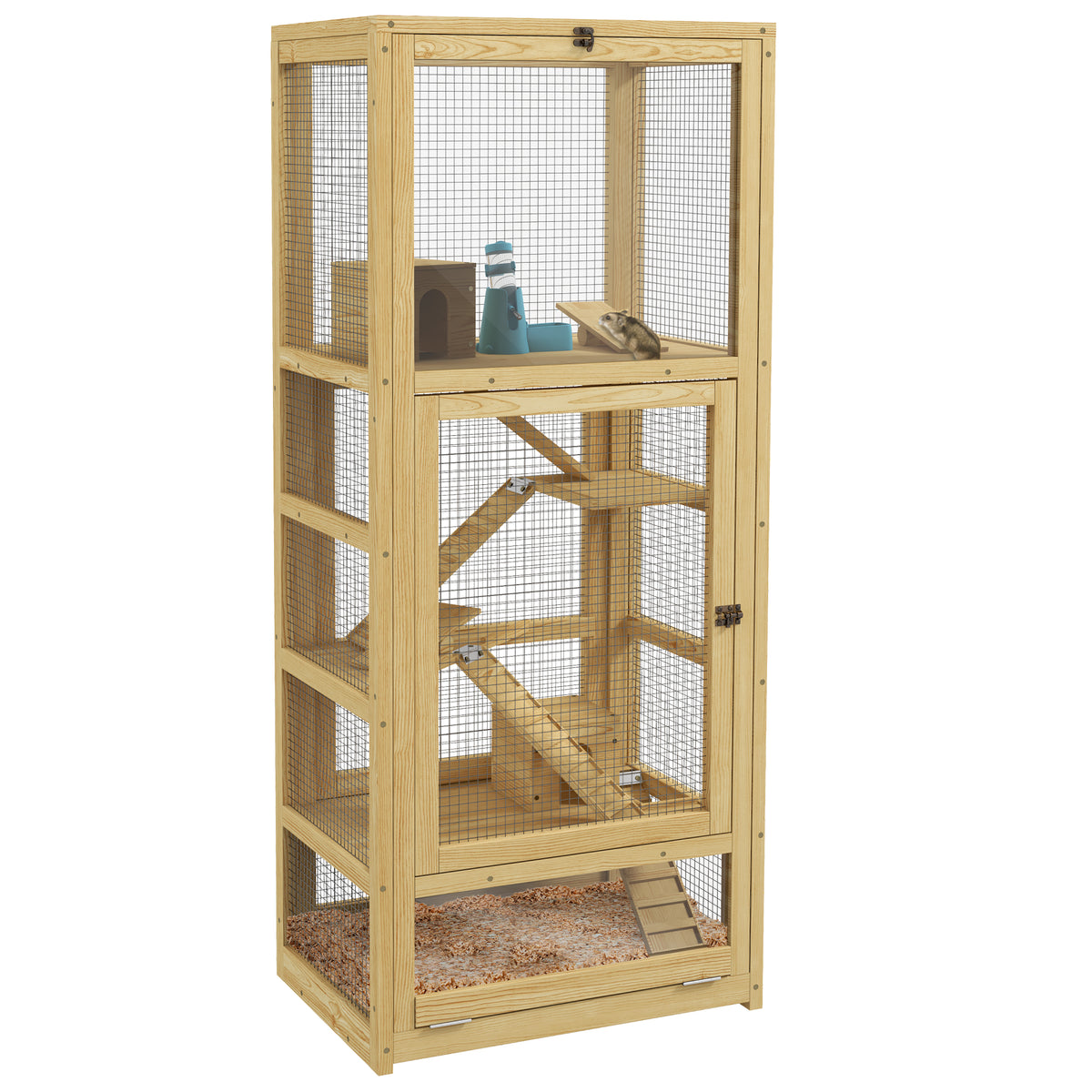 PawHut Käfig für Hamster oder kleine Tiere aus Holz, 5 Etagen mit Leiter Hütte Schaukel 54 x 38 x 131 cm Naturholz