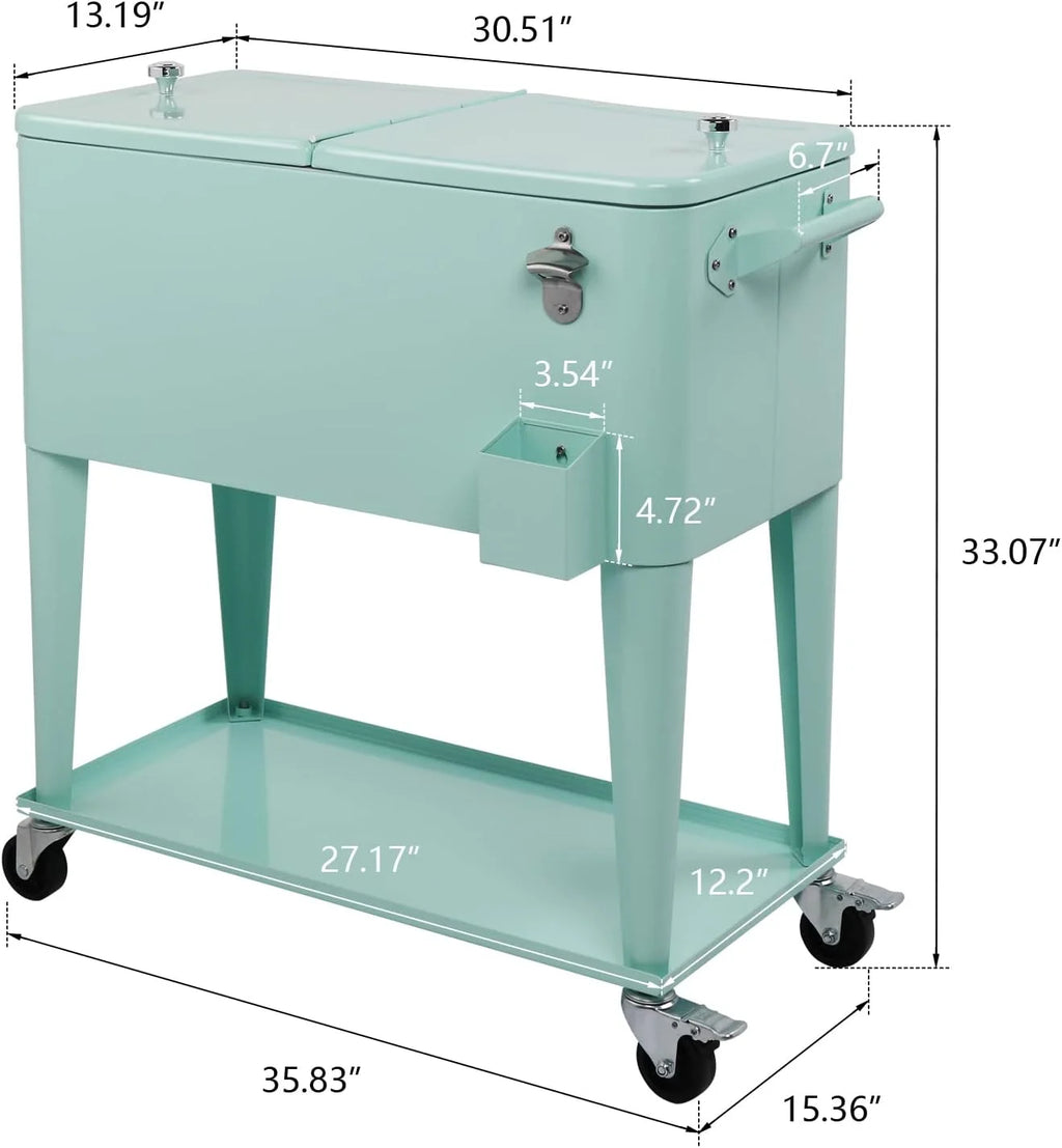 80 Quart Rolling Ice Chest, Portable Bar Drink Cooler with Catch Basin, Bottom Storage Tray and Bottle Opener for Patio Party BBQ Beach Activities