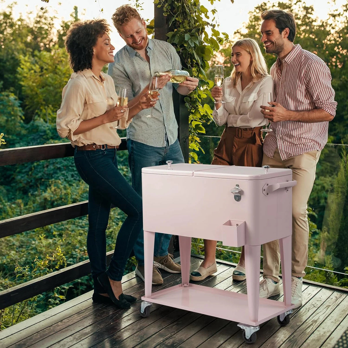 80 Quart Rolling Ice Chest, Portable Bar Drink Cooler with Catch Basin, Bottom Storage Tray and Bottle Opener for Patio Party BBQ Beach Activities