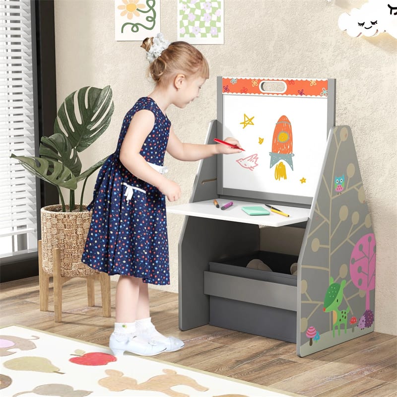 3-in-1 Kids Art Easel with Chair, Wooden Toddler Easel Table & Chair Set w/ Double-Sided Magnetic Whiteboard & Chalkboard, Bookshelf, Storage
