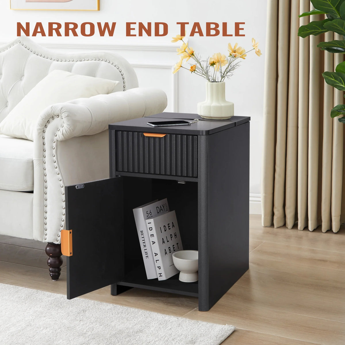 YOCWO Fluted Nightstand for Bedroom Set of 2, Wood Bedside Table Set of 2 with Drawers, Black