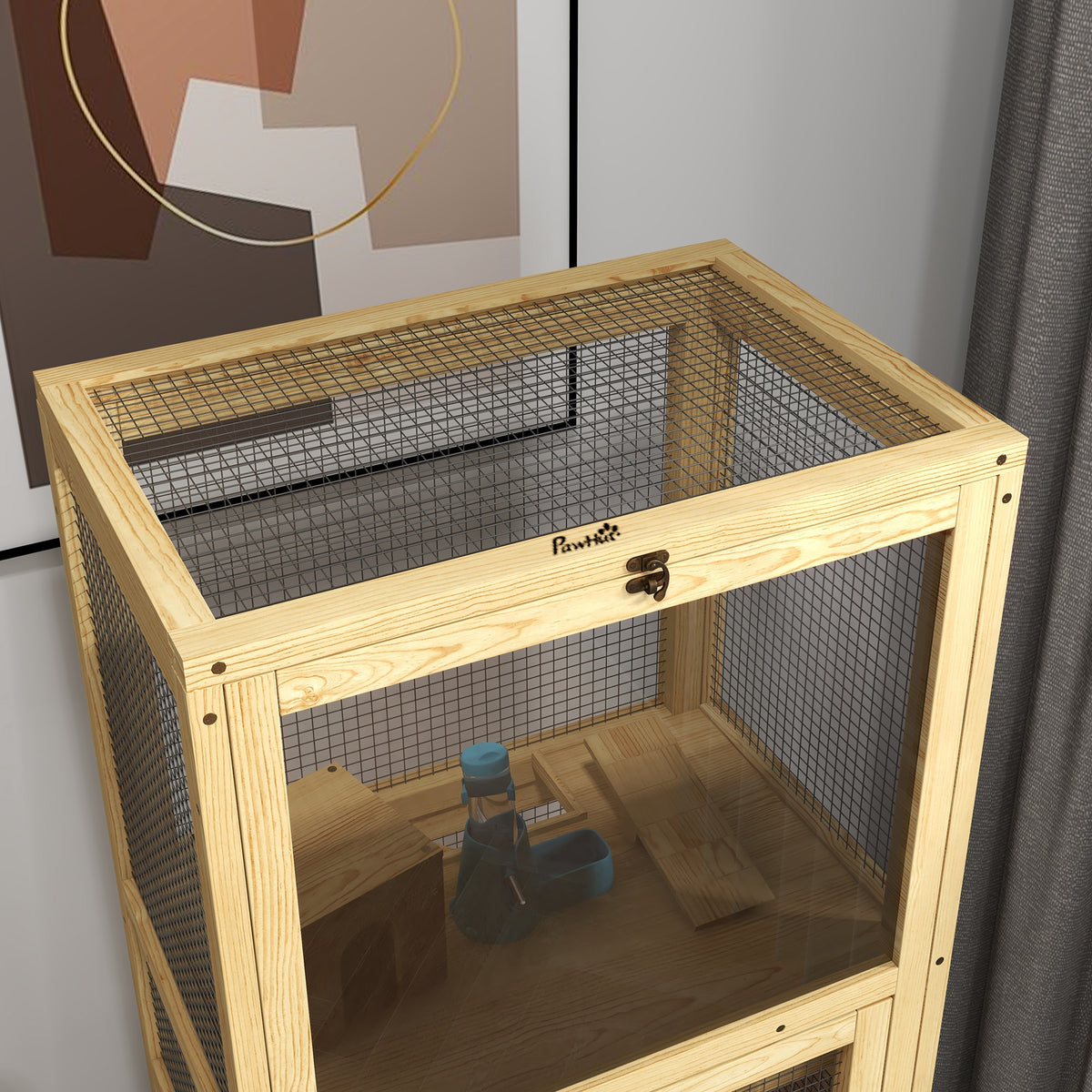 PawHut Käfig für Hamster oder kleine Tiere aus Holz, 5 Etagen mit Leiter Hütte Schaukel 54 x 38 x 131 cm Naturholz