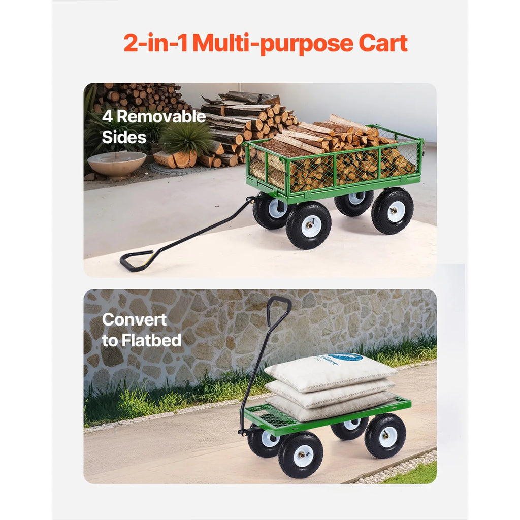 KFFKFF Mesh Steel Garden Cart 900 lb, 38 x 22 " Heavy Duty Utility Wagon Cart, Metal Garden Trolley with 10" Wheels, Removable Mesh Sides, 180swiveling Handle (Green)