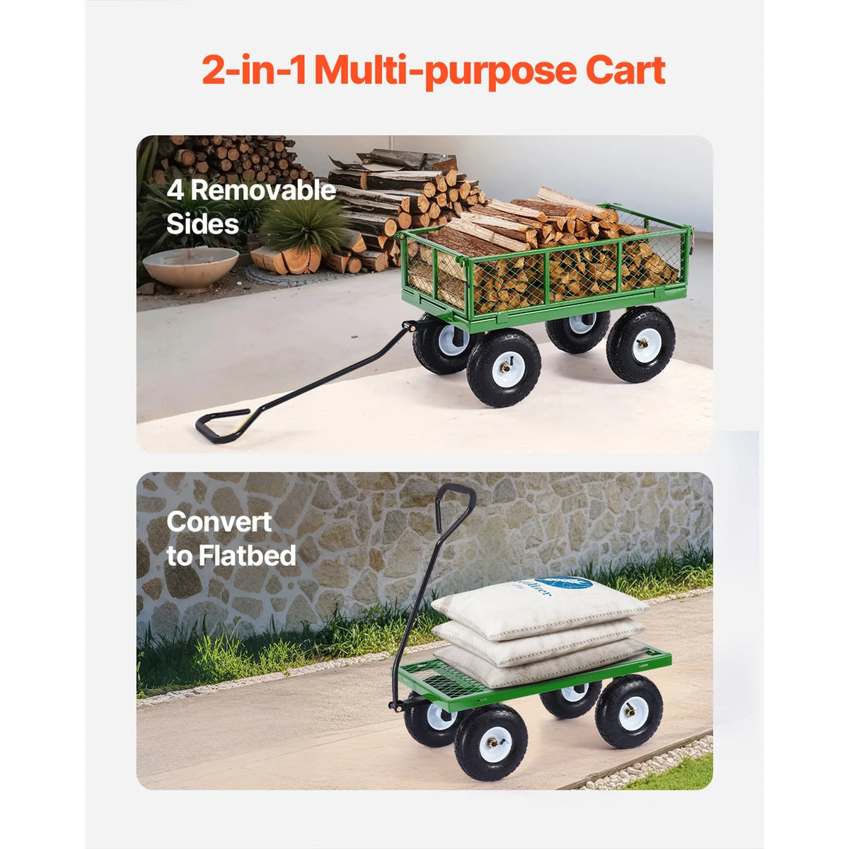 KFFKFF Mesh Steel Garden Cart 900 lb, 38 x 22 " Heavy Duty Utility Wagon Cart, Metal Garden Trolley with 10" Wheels, Removable Mesh Sides, 180swiveling Handle (Green)