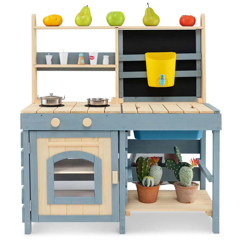 2-In-1 Kids Outdoor Mud Kitchen, Fir Wood Double Sided Kitchen Playset & Grocery Store with Faucet, Removable Sink, Blackboard, Storage Bag & Basket