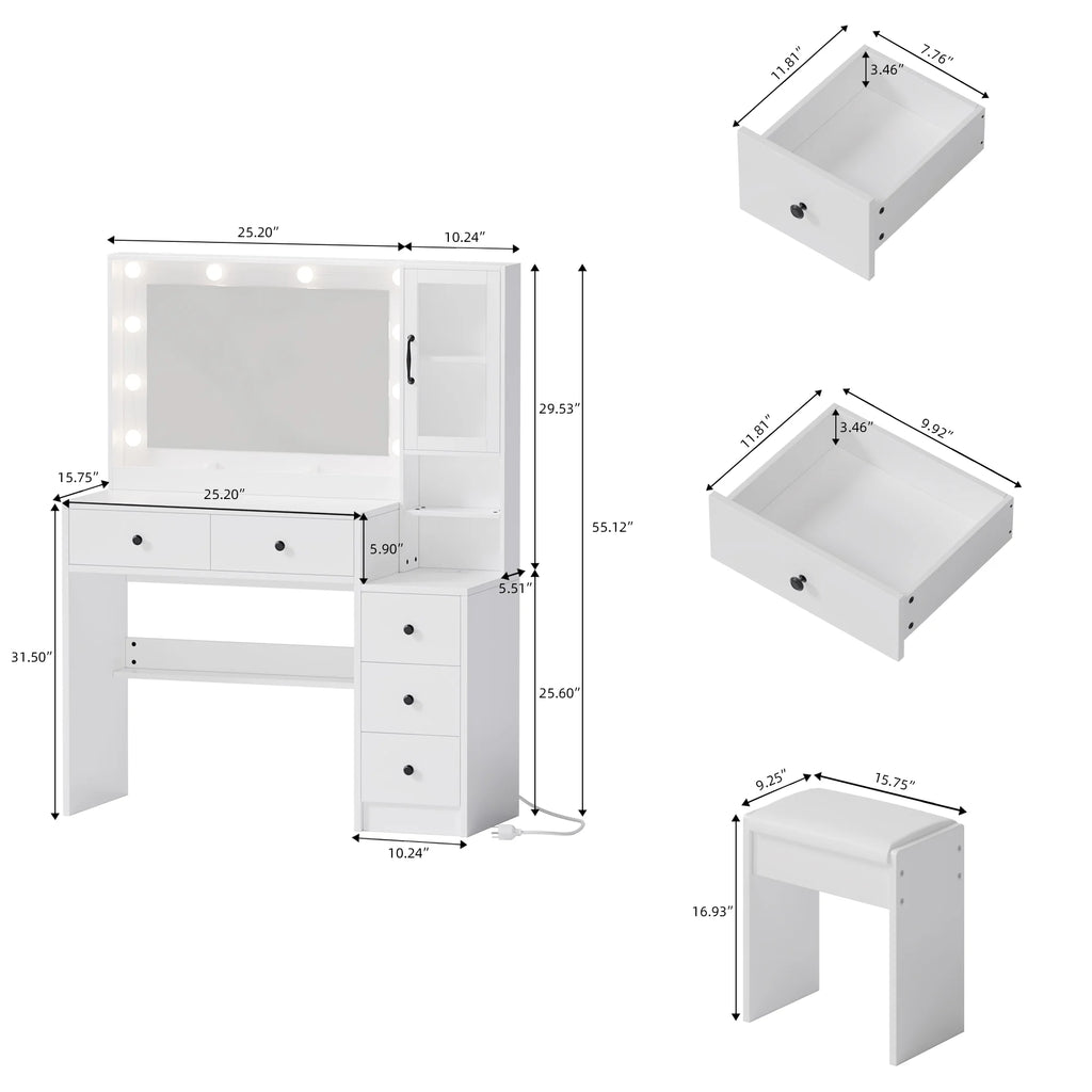UGTOO 58.3" White Vanity Desk with Mirror, Adjustable Lighting, Power Outlet, Drawers, with Stool