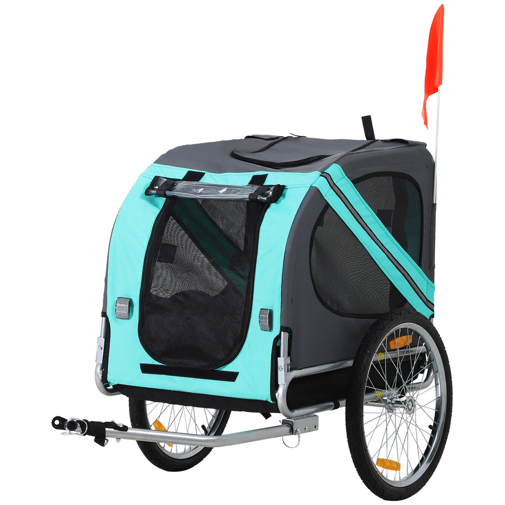 PawHut Haustieranhänger Hundeanhänger Fahrradanhänger bis 20kg klappbar Reflektor Regenschutz Stahl Grau + Grün 130 x 73 x 90cm