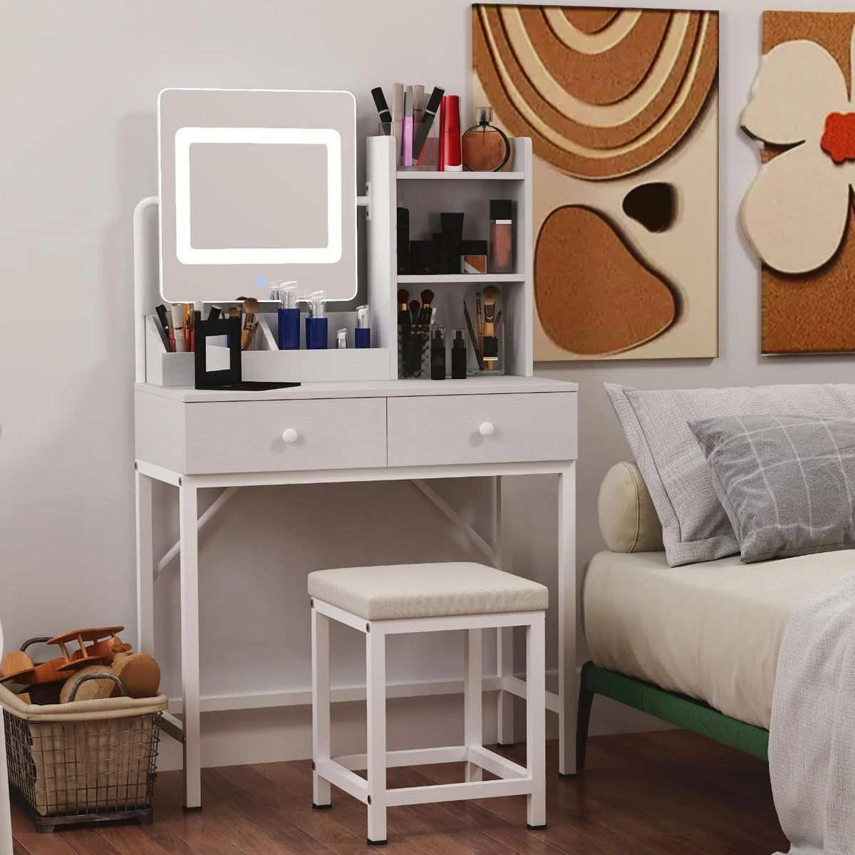 Makeup Vanity Desk with Mirror and Lights, 43.5 Vanity Table with 5 Drawers & Storage Shelves, White