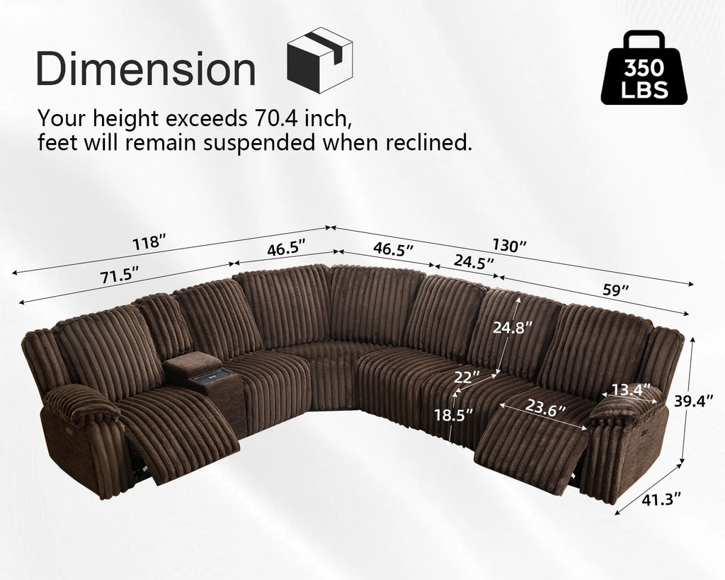 Power Reclining Sectional Sofa with Wireless Charger, 6 - Seater Faux Fur Sectional with Recliners, Hidden Cup Holders, Storage Console, USB & Type - C Ports, Black