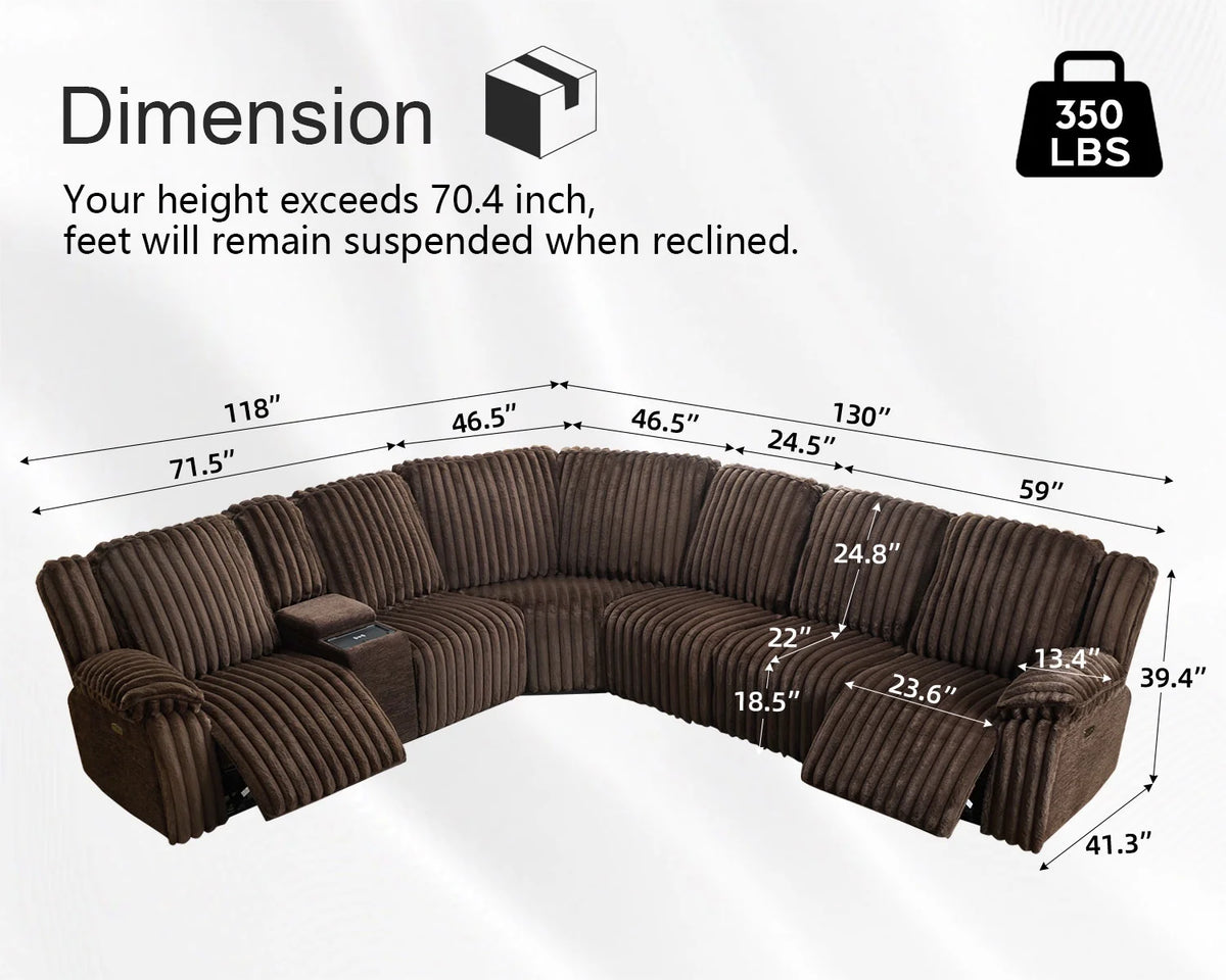 Power Reclining Sectional Sofa with Wireless Charger, 6 - Seater Faux Fur Sectional with Recliners, Hidden Cup Holders, Storage Console, USB & Type - C Ports, Black