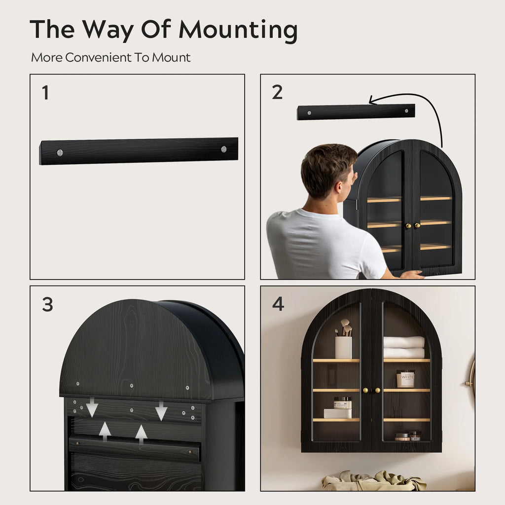EYYTHUNG Modern Arched Wall Cabinet, Large Medicine Cupboard, Black Cabinet for Bathroom with Adjustable Shelf, Black Oak