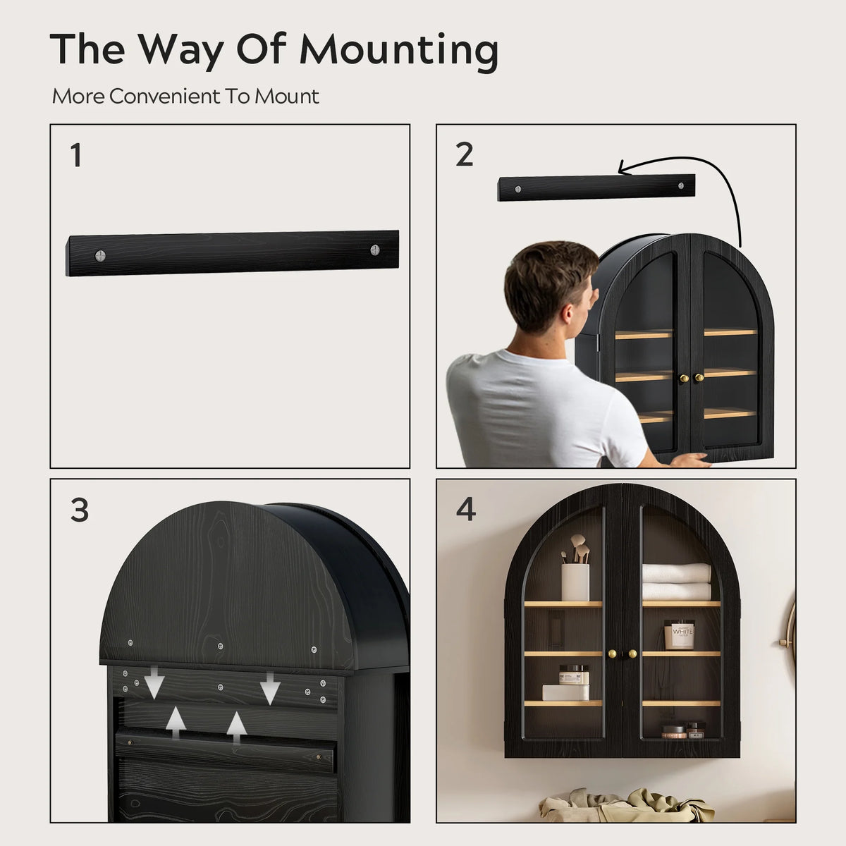 EYYTHUNG Modern Arched Wall Cabinet, Large Medicine Cupboard, Black Cabinet for Bathroom with Adjustable Shelf, Black Oak