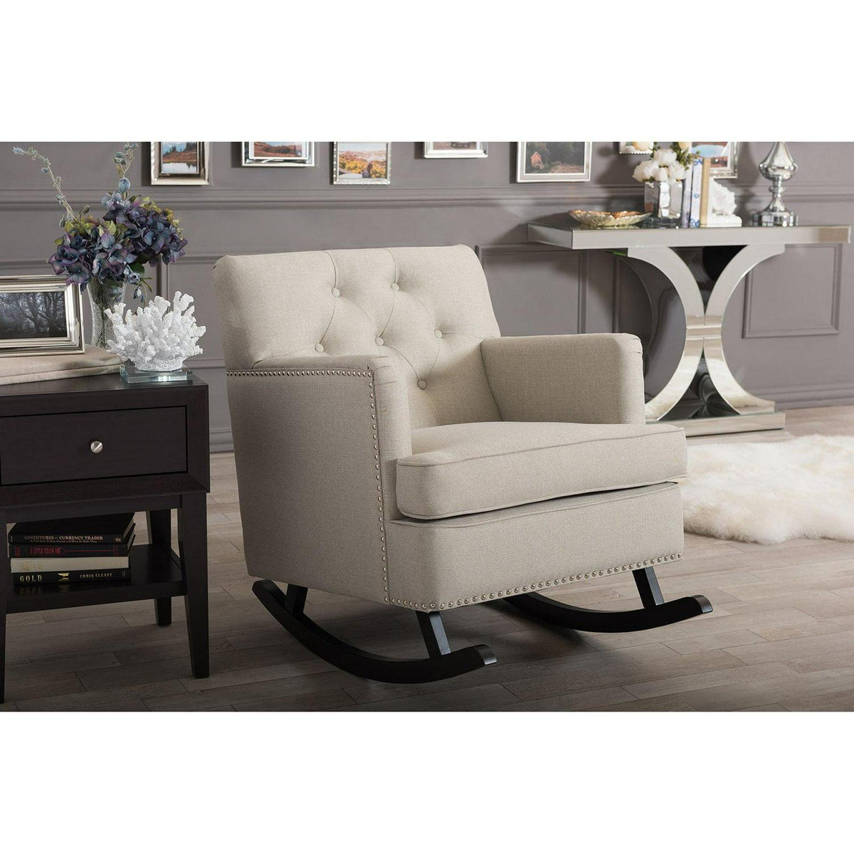 Baxton Studio Bethany Modern and Contemporary Gray Fabric Upholstered Button - Tufted Rocking Chair