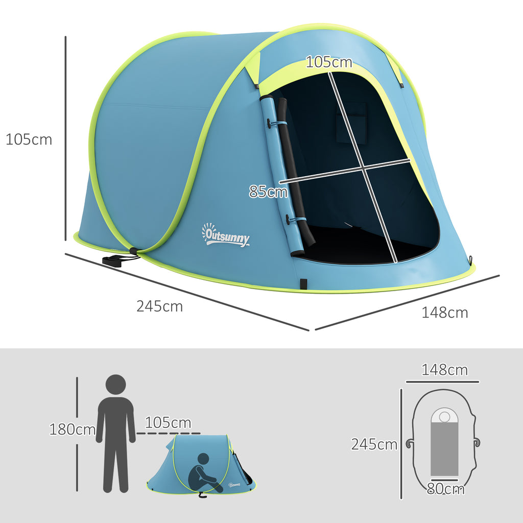 Outsunny Campingzelt für 2-3 Personen wasserdicht 2000 mm mit Tragetasche für Wanderungen 245x148x105 cm Blau